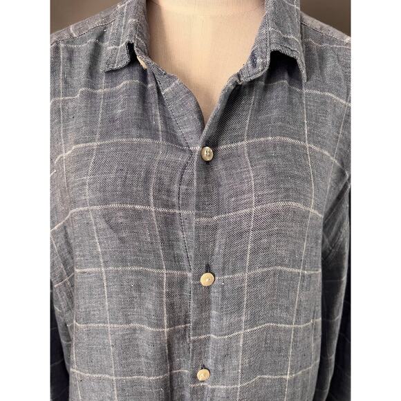 Saks Fifth Avenue Mens Blue Linen Slim Fit Plaid Button Down Shirt Size Large - Picture 2 of 6